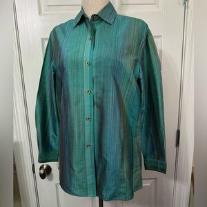 VTG Saks Fifth Avenue Women’s Green sea Blue Striped 100% Silk Shirt